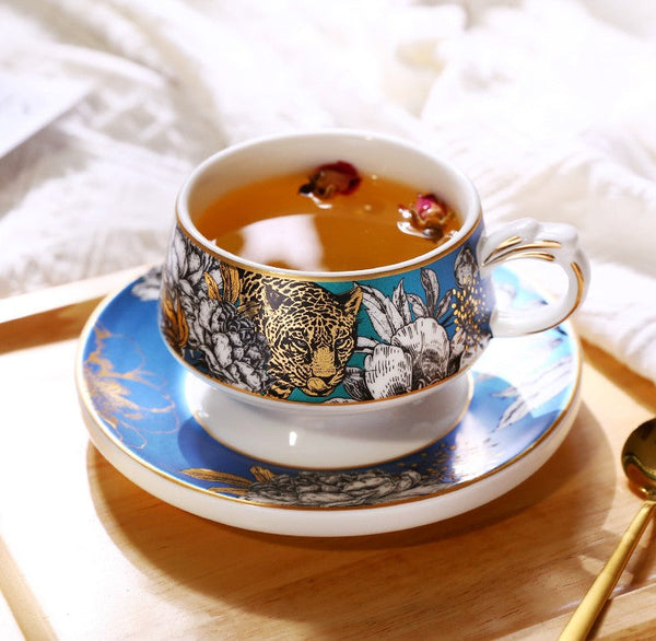 Creative Ceramic Tea Cup and Saucer, Jungle Tiger Cheetah Porcelain Coffee Cups, Unique Ceramic Cups with Gold Trim and Gift Box-Grace Painting Crafts