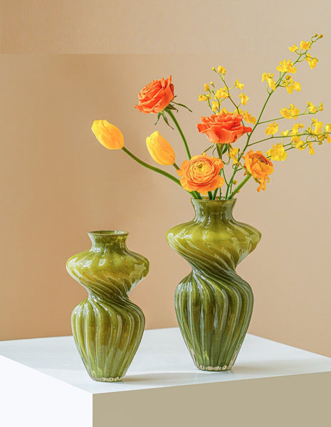 Handmade Contemporary Glass Vases, Modern Green Vases for Living Room, Mid Century Vases for Flowers, Unique Decorative Glass Vase, Centerpiece Vases on Table-Grace Painting Crafts