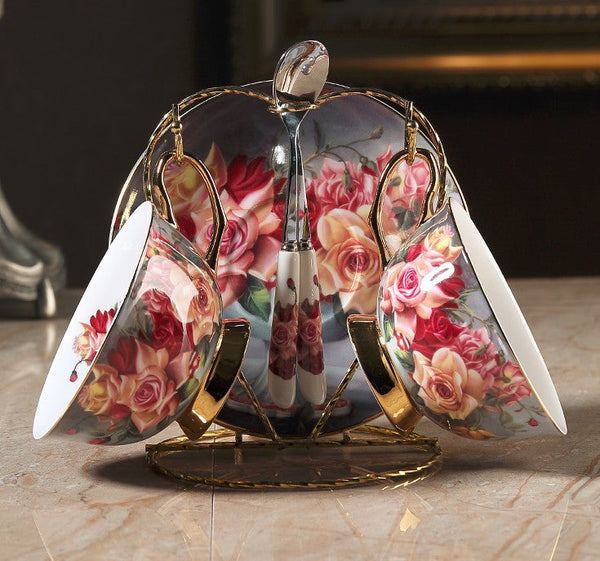 Ceramic Tea Cups and Saucers in Gift Box, Rose Flower Royal Bone China Porcelain Tea Cup Set, Elegant Ceramic Coffee Cups, Beautiful British Tea Cups-Grace Painting Crafts