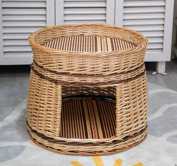 Large Double-Layer Cat Bed, Wicker Cat House Basket with Washable Cushion for Indoor Cats and Dogs-Grace Painting Crafts