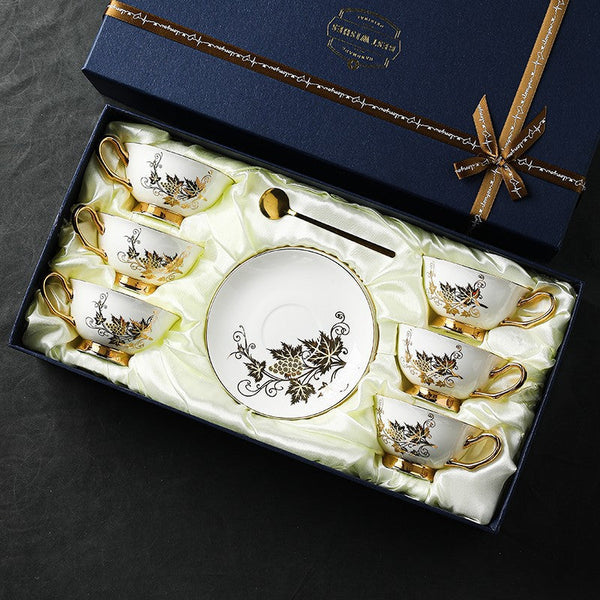 Elegant British Ceramic Coffee Cups, 7.4 oz Golden Leaves and Grapes Porcelain Tea Cup Saucer Set, Unique British Tea Cup and Saucer in Gift Box-Grace Painting Crafts