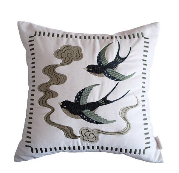 Luxury Decorative Pillows for Couch, Modern Throw Pillows for Couch, Vintage Decorative Pillows, Embroidered Swallow Birds Cushion, Decorative Pillow Arrangement Ideas for Bed-Grace Painting Crafts
