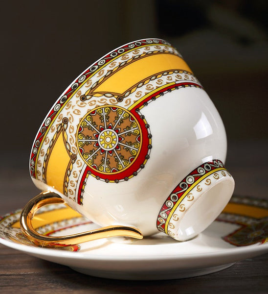 Handmade Beautiful British Tea Cups, Creative Bone China Porcelain Tea Cup Set, Yellow Royal Ceramic Coffee Cups, Unique Tea Cups and Saucers-Grace Painting Crafts