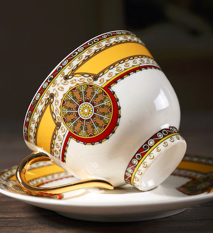 Handmade Beautiful British Tea Cups, Creative Bone China Porcelain Tea Cup Set, Yellow Royal Ceramic Coffee Cups, Unique Tea Cups and Saucers-Grace Painting Crafts