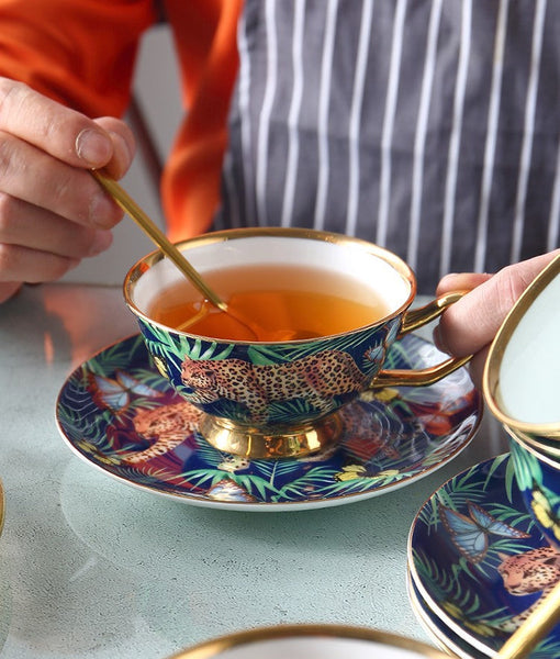 Creative Leopard Ceramic Coffee Cups, 6.8 oz Tea Cup and Saucer in Gift Box as Birthday Gift, Beautiful British Tea Cups, Creative Porcelain Tea Cup Set-Grace Painting Crafts