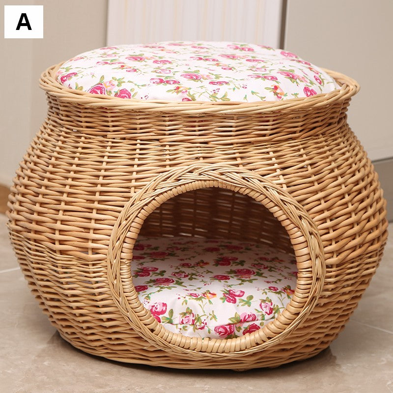Wicker Cat House Basket with Washable Cushion for Indoor Cats and Dogs, Rattan Cat Bed-Grace Painting Crafts