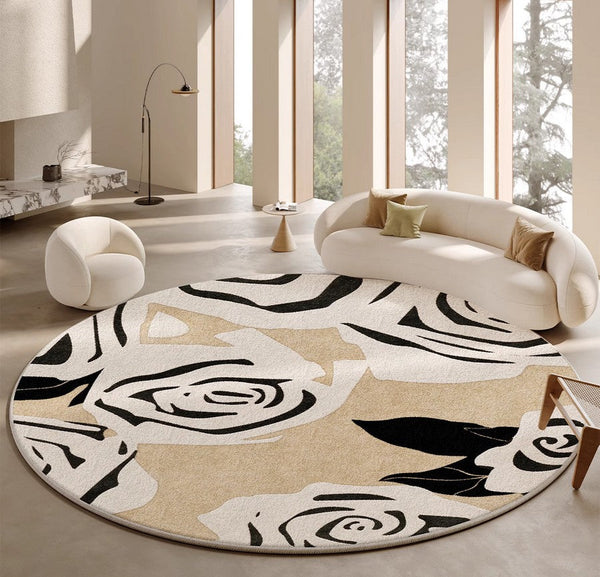 Abstract Contemporary Rugs for Bedroom, Modern Round Rugs under Coffee Table, Circular Rugs for Dining Table, Modern Cream Color Rugs for Living Room-Grace Painting Crafts