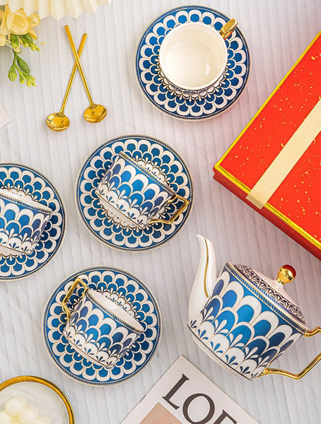 Porcelain Tea Cup and Saucer Set, Blue Tea Cup and Saucer Set with Teapot in Gift Box, Modern Ceramic Coffee Cups for Office
