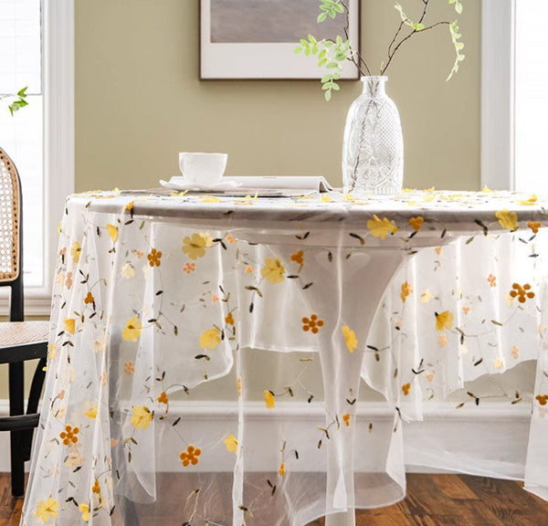 Yellow Flower Lace Tablecloths, Extra Large Rectangular Tablecloth for Oval Table, Lace Embroidered Table Covers, Rectangular Table Covers for Coffee Table-Grace Painting Crafts