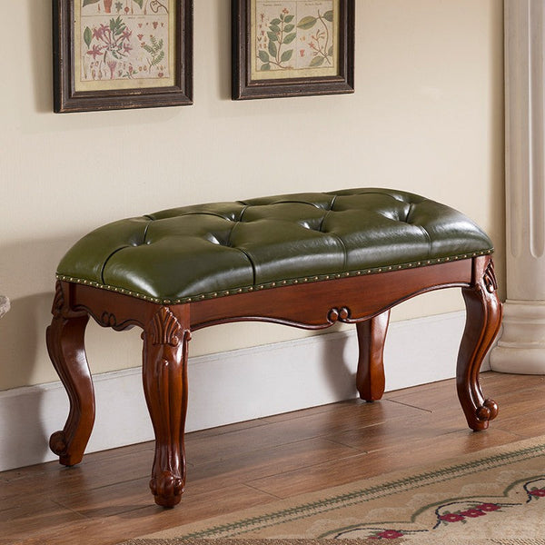 Dressing Table Stool, Vintage Blue Leather Stool, Genuine Leather Solid Wood Entry Bench, Rubber Wood Footstool, Farmhouse Entryway Bench, Leather Lounge Chair Modern-Grace Painting Crafts