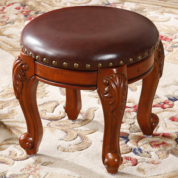Solid Wood Ottoman, Rubberwood Entry Bench, Vanity Stool, Genuine Leather Solid Wood Entry Bench, Vintage Round Stool-Grace Painting Crafts