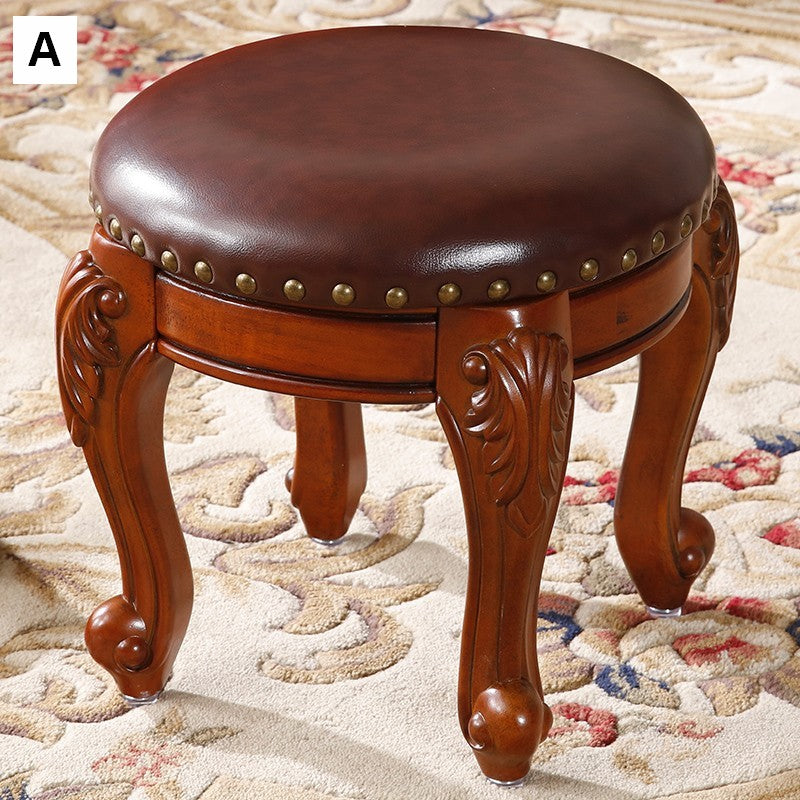 Solid Wood Ottoman, Rubberwood Entry Bench, Vanity Stool, Genuine Leather Solid Wood Entry Bench, Vintage Round Stool-Grace Painting Crafts