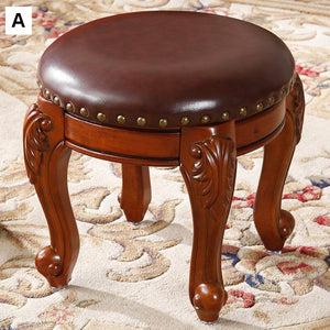 Solid Wood Ottoman, Rubberwood Entry Bench, Vanity Stool, Genuine Leather Solid Wood Entry Bench, Vintage Round Stool-Grace Painting Crafts