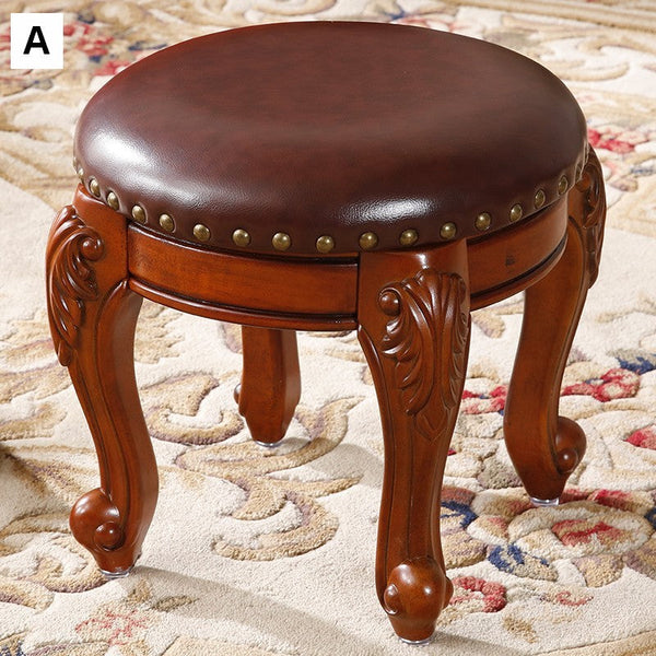 Solid Wood Ottoman, Rubberwood Entry Bench, Vanity Stool, Genuine Leather Solid Wood Entry Bench, Vintage Round Stool-Grace Painting Crafts
