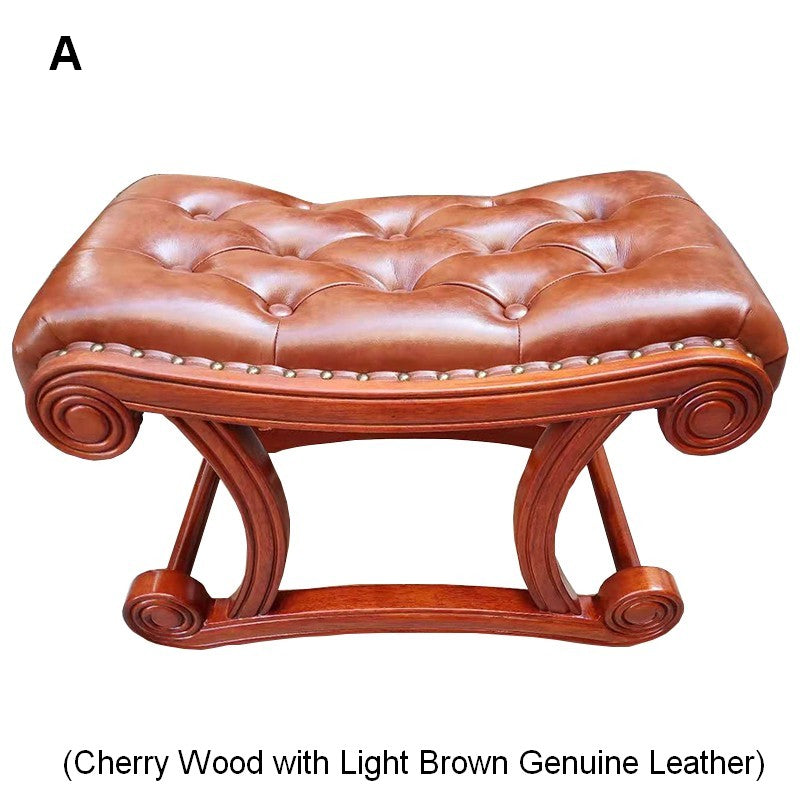Vintage Leather Stool, Genuine Leather Solid Wood Entry Bench, Cherry Wood Footstool, Long Bench, Vanity Stool, Dressing Table Stool-Grace Painting Crafts