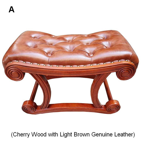 Cherry Wood Footstool, Vintage Leather Stool, Genuine Leather Solid Wood Entry Bench, Long Bench, Vanity Stool, Dressing Table Stool-Grace Painting Crafts