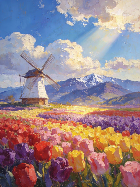 Sunlit Tulips, Windmill by the Hills, On Canvas Small Paintings, Hand Painted Canvas Art, Original Artwork Small Paintings on Wall, Landscape Oil Paintings-Grace Painting Crafts
