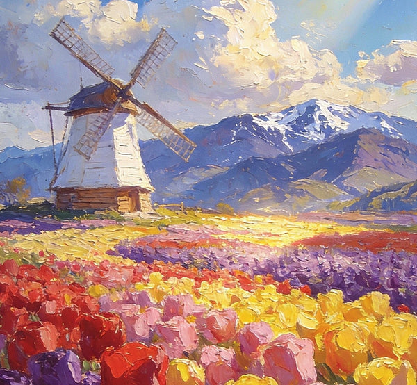 Sunlit Tulips, Windmill by the Hills, On Canvas Small Paintings, Hand Painted Canvas Art, Original Artwork Small Paintings on Wall, Landscape Oil Paintings-Grace Painting Crafts