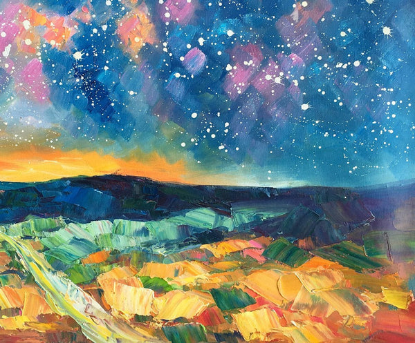Starry Night Landscape Painting, Large Canvas Art Painting, Custom Large Oil Painting