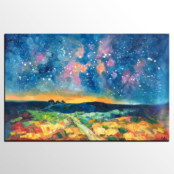 Starry Night Landscape Painting, Large Canvas Art Painting, Custom Large Oil Painting-Grace Painting Crafts