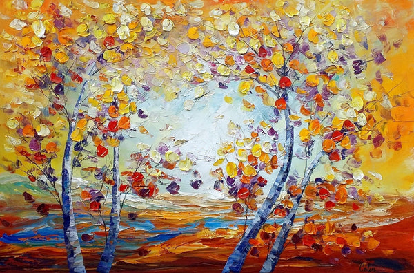 Heavy Texture Canvas Art, Autumn Tree Landscape Art, Custom Canvas Painting for Living Room-Grace Painting Crafts