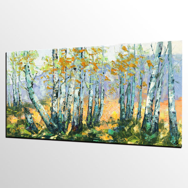 Custom Dining Room Wall Art, Landscape Painting, Birch Tree Painting, Impasto Canvas Art-Grace Painting Crafts