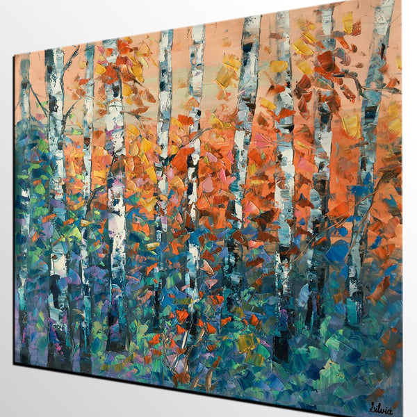Birch Tree Painting, Large Oil Painting, Custom Canvas Artwork, Canvas Painting for Bedroom-Grace Painting Crafts