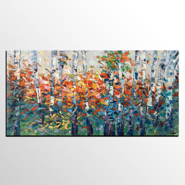 Birch Tree Painting, Impasto Art, Large Canvas Art, Bedroom Canvas Painting, Custom Extra Large Painting-Grace Painting Crafts