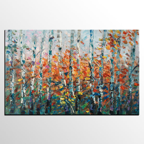 Tree Landscape Art, Large Wall Art, Birch Tree Painting, Custom Canvas Painting for Bedroom
