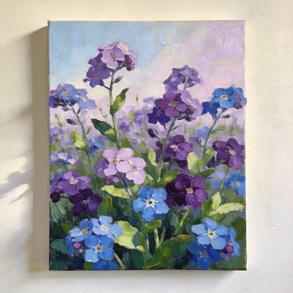Original Flower Paintings, Hand Painted Canvas Art, Wild Purple Blue Forget-me-nots in Bloom, Small Canvas Wall Art Paintings, Original Oil Paintings-Grace Painting Crafts