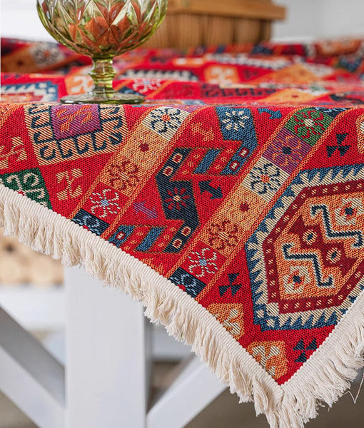 Oriental Red Rectangular Table Covers for Coffee Table, Bohemian Rectangular Tablecloth for Oval Table, Large Modern Linen Tablecloths-Grace Painting Crafts