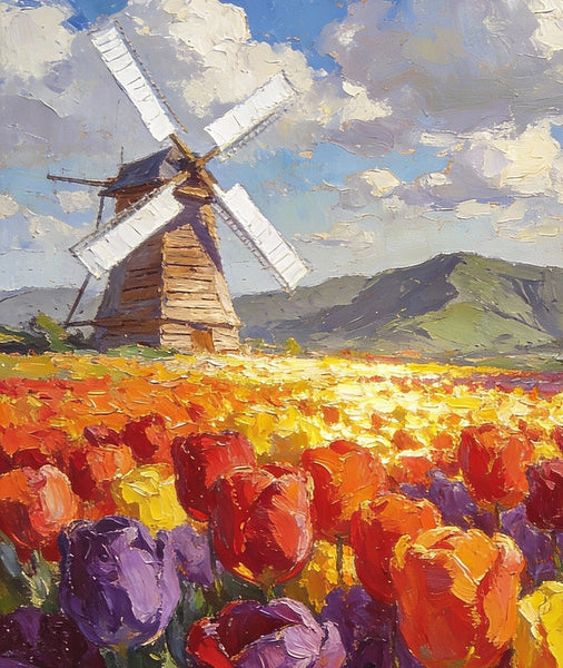 Heavy Texture Oil Paintings, On Canvas Small Paintings, Windmills Amidst a Sea of Blooming Tulips, Hand Painted Canvas Art, Original Small Paintings, Landscape Oil Paintings-Grace Painting Crafts
