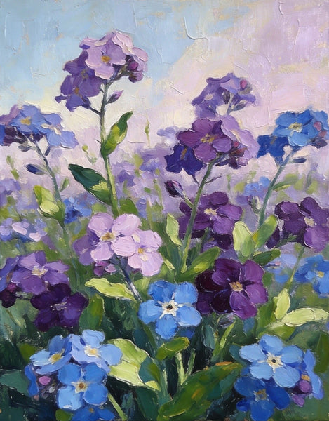 Original Flower Paintings, Hand Painted Canvas Art, Wild Purple Blue Forget-me-nots in Bloom, Small Canvas Wall Art Paintings, Original Oil Paintings-Grace Painting Crafts