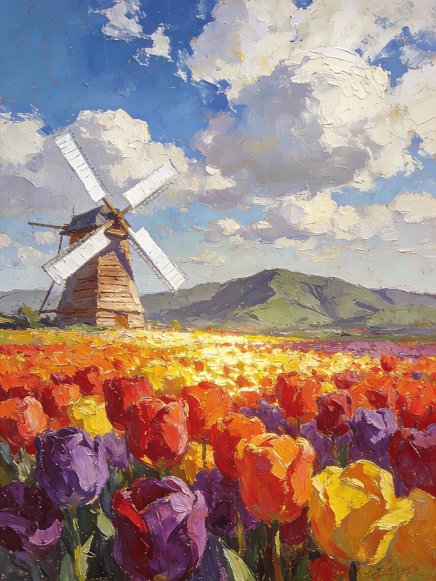 Windmills Amidst Sea Of Blooming Tulips Holland, Original Hand Painted Small Acrylic Canvas Art