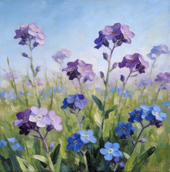 Original Small Canvas Artwork, Purple and Blue Forget-me-nots Blooming Wild, Buy Small Artwork Online, Still Life Painting, Original Flower Paintings, Hand Painted Canvas Art-Grace Painting Crafts