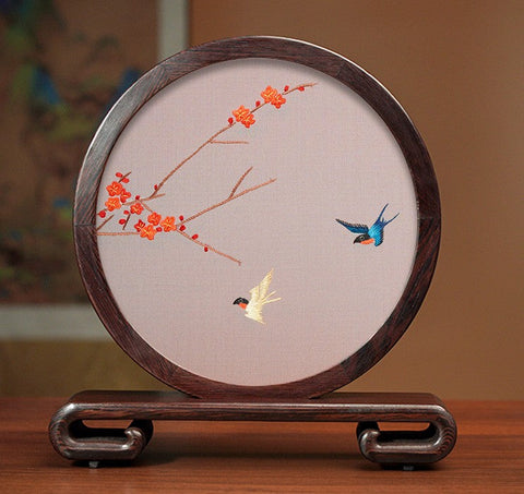 Embroidered Ornament, Traditional Chinese Suzhou Flower and Birds Silk Embroidery Ornaments, Exclusive Business Presents, Creative Birthday Gift, Premium Souvenir-Grace Painting Crafts