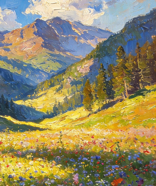 Wildflowers in Bloom Among High Peaks and Valleys, Small Landscape Paintings, Original Small Paintings on Canvas, Small Paintings on Canvas, Hand Painted Canvas Art, Heavy Texture Oil Paintings-Grace Painting Crafts