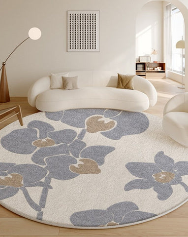 Bedroom Abstract Modern Area Rugs, Contemporary Modern Rugs, Geometric Round Rugs for Dining Room, Flower Pattern Circular Modern Rugs under Chairs-Grace Painting Crafts