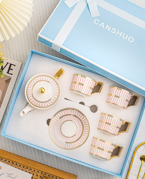 Ceramic Coffee Cups for Office, Beautiful British Tea Cups with Teapot, Modern Porcelain Cup and Saucer with Teapot, Pink Porcelain Tea Cup Set