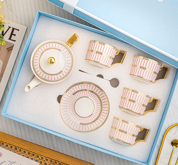 Ceramic Coffee Cups for Office, Beautiful British Tea Cups with Teapot, Modern Porcelain Cup and Saucer with Teapot, Pink Porcelain Tea Cup Set