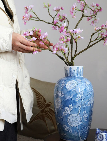 Large Flower Vases on Dining Table, Blue Porcelain Flower Vases, Centerpiece Ceramic Bouquet Vases, Handmade Modern Flower Vase-Grace Painting Crafts