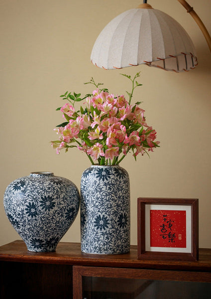 Centerpiece on Dining Table, Large Blue Flower Vase on Table, Vintage Bouquet Flower Vases, Handmade Porcelain Flower Vases Urn, Water Holding Flower Vases-Grace Painting Crafts