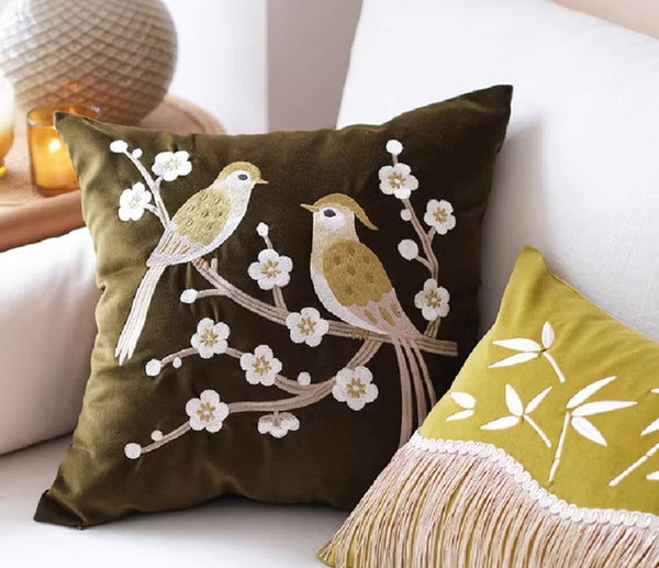 Embroidered birds cushion, Decorative Pillows for Couch, Vintage Decorative Pillows, Modern Throw Pillows for Bedroom, Decorative Pillow Arrangement Ideas for Couch-Grace Painting Crafts