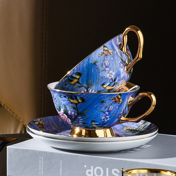 Unique British Tea Cup and Saucer in Gift Box, Blue Bird and Butterfly Porcelain Tea Cup Saucer Set, 7.4 oz British Ceramic Coffee Cups-Grace Painting Crafts