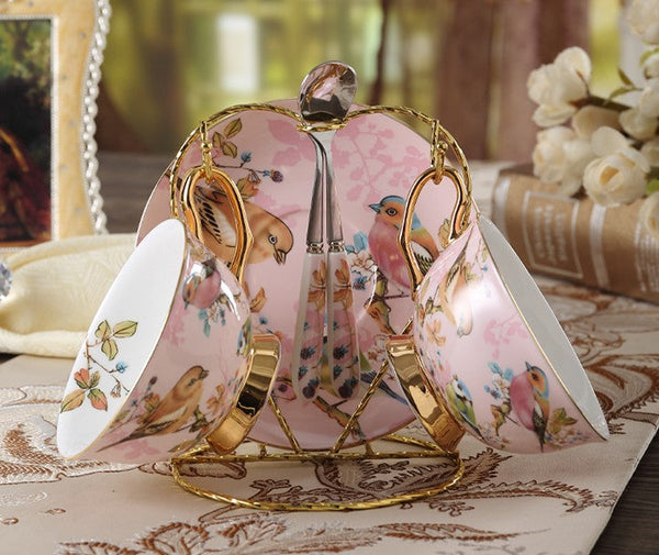 Elegant Ceramic Coffee Cups, Beautiful British Tea Cups, Bird Bone China Porcelain Tea Cup Set, Tea Cups and Saucers in Gift Box as Birthday Gift-Grace Painting Crafts