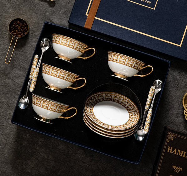 Handmade Elegant British Ceramic Coffee Cups, Unique Tea Cup and Saucer in Gift Box, Bone China Porcelain Tea Cup Set for Office, Yellow Ceramic Cups-Grace Painting Crafts