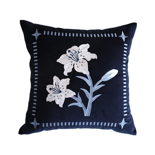 Dark Blue Lily Embroidered Cushion, Living Room Decorative Pillows, Decorative Pillow Arrangement Ideas for Couch, Large Decorative Pillows for Couch, Modern Throw Pillows for Bedroom-Grace Painting Crafts