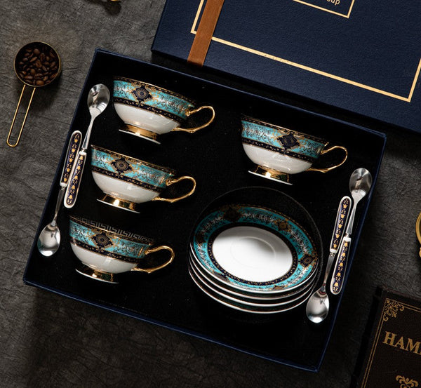 Unique Tea Cup and Saucer in Gift Box, 7.4 oz British Ceramic Coffee Cups, Porcelain Tea Cup Set for Office-Grace Painting Crafts