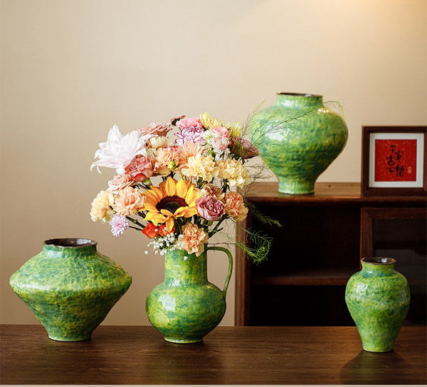 Centerpiece on Dining Table, Modern Pottery Flower Vases, Handmade Water Holding Flower Vases, Pottery Bud Vases, Large Green Flower Vases on Table-Grace Painting Crafts