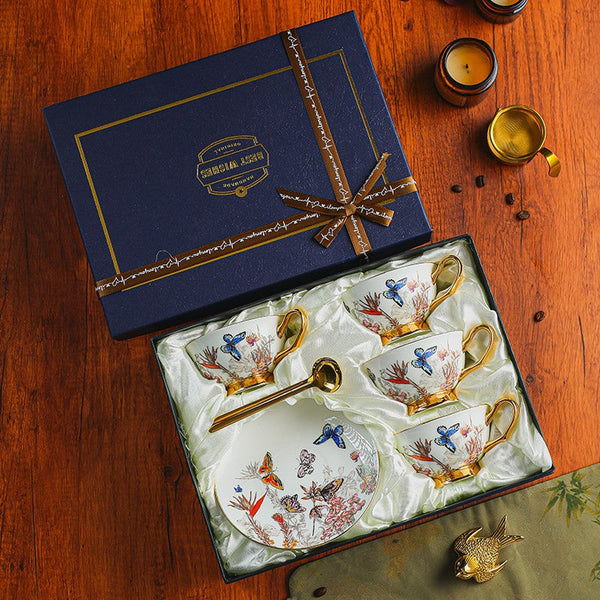 Ceramic Coffee Cups in Gift Box, Butterfly Pattern Porcelain Tea Cup and Saucer Set, British Afternoon Tea Cup and Saucer Set-Grace Painting Crafts